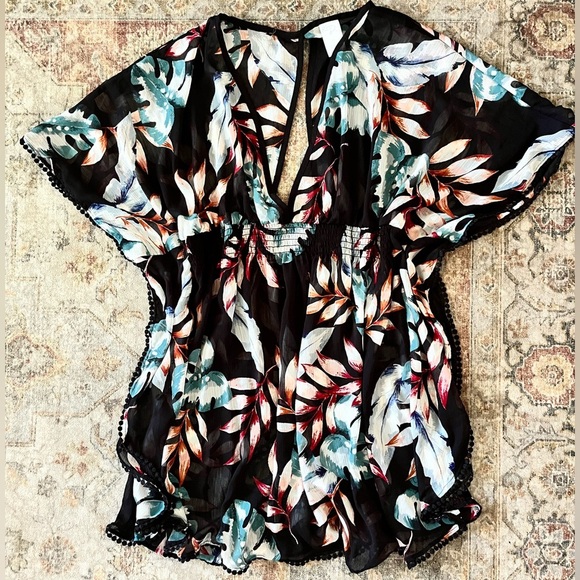 Kona Sol Black Floral Sheer Swim Cover - Picture 1 of 3